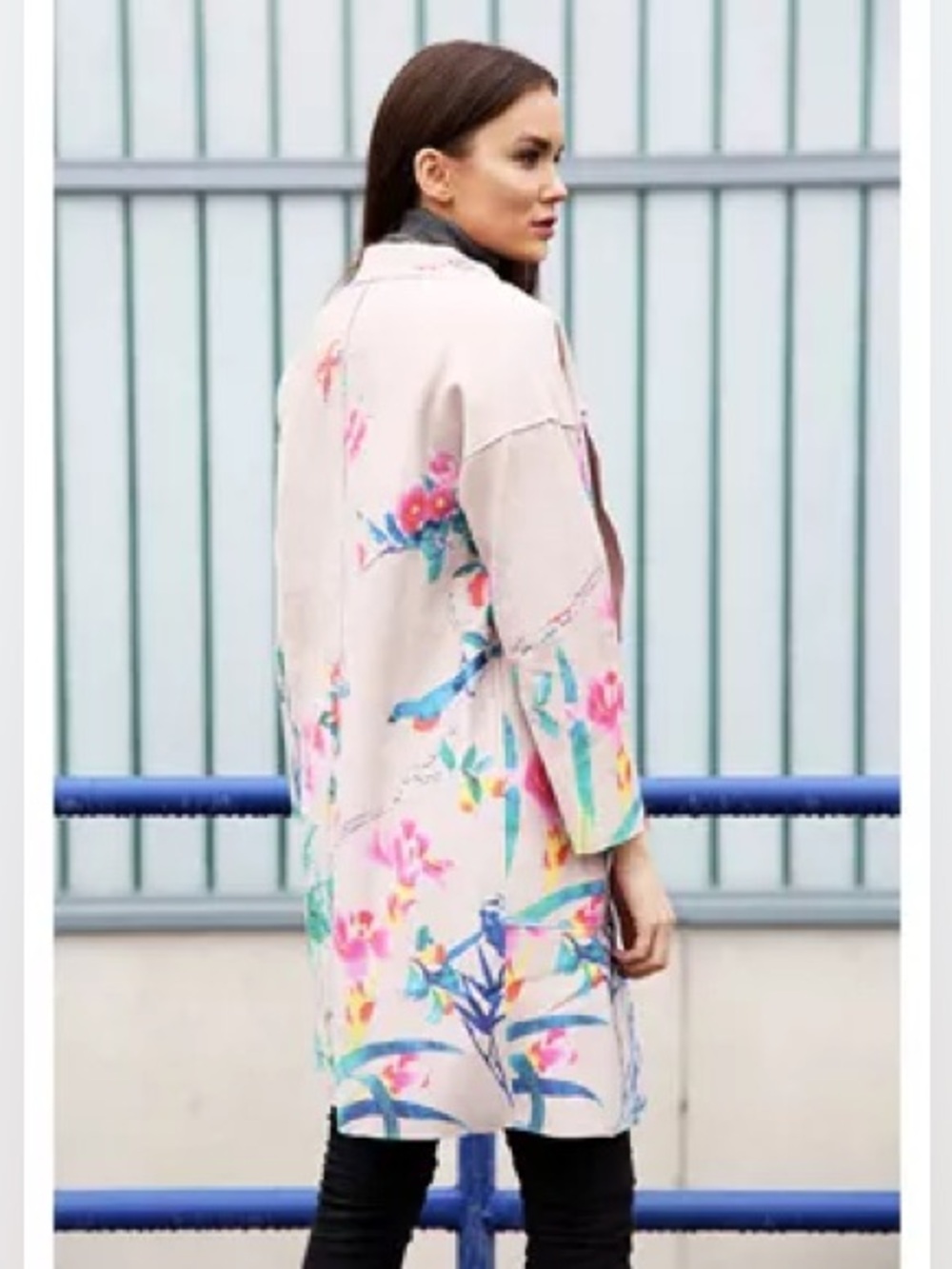 Madison Beige Floral Faux Suede Long Kimono Boho Garden Party Jacket Size Large